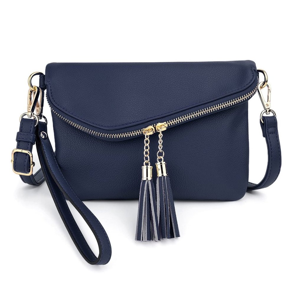 Purse Double Tassel Zippers Lightweight Flapover Handbag with Wristlet Strap CA
